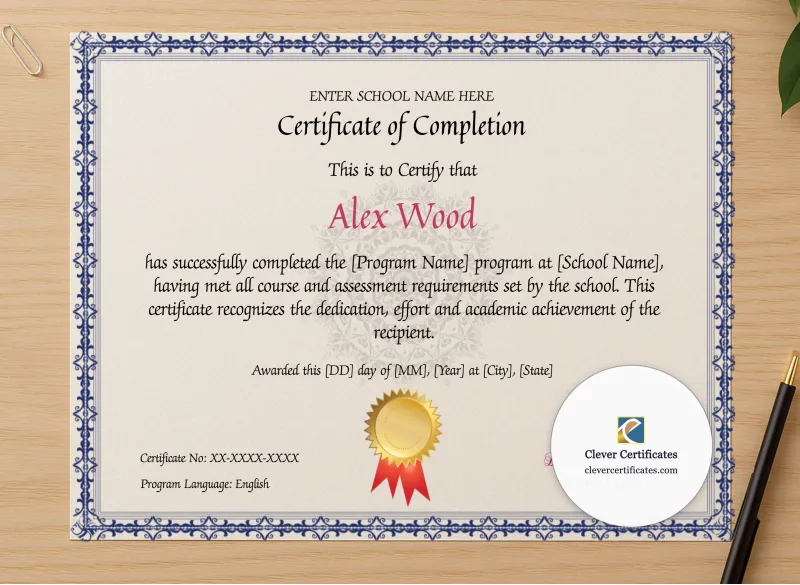 Professional preview of Program Completion Certificate Blue Filigree Watermark Landscape certificate on high-quality stationery paper, ideal for showcasing the final look.