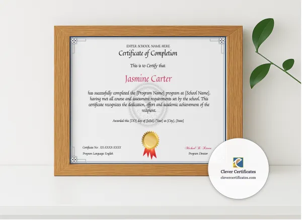Realistic mockup featuring Program Completion Certificate Geometric Corners Lion Watermark Landscape displayed within a modern frame, set against a minimalistic background.