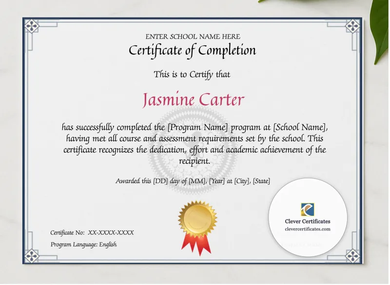 Program Completion Certificate Geometric Corners Lion Watermark Landscape presented in a sleek wooden frame, elegantly arranged on a stylish table.