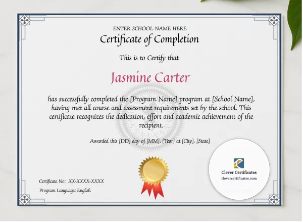 Program Completion Certificate Geometric Corners Lion Watermark Landscape presented in a sleek wooden frame, elegantly arranged on a stylish table.