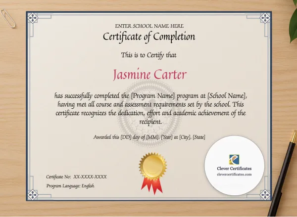 Professional preview of Program Completion Certificate Geometric Corners Lion Watermark Landscape certificate on high-quality stationery paper, ideal for showcasing the final look.