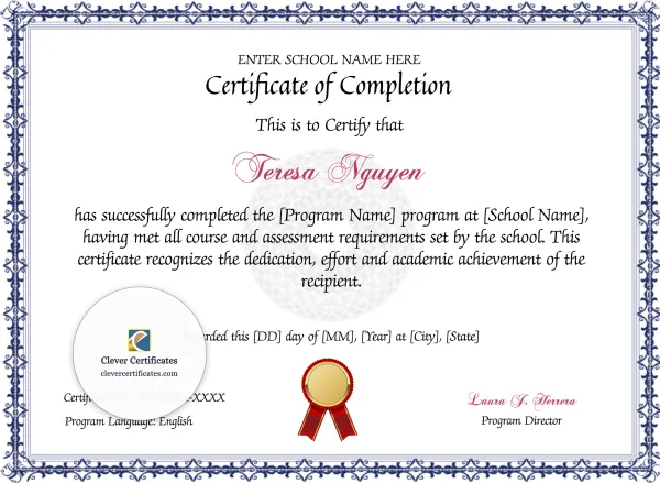 Program Completion Certificate – Blue Filigree Guilloche Landscape
