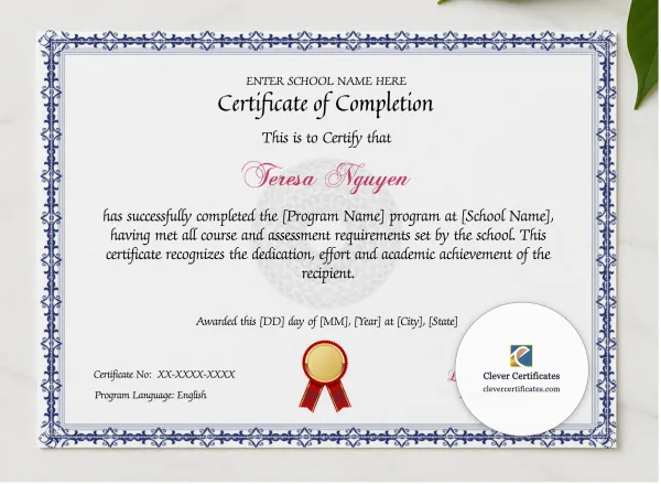 Program Completion Certificate Blue Filigree Guilloche Landscape presented in a sleek wooden frame, elegantly arranged on a stylish table.
