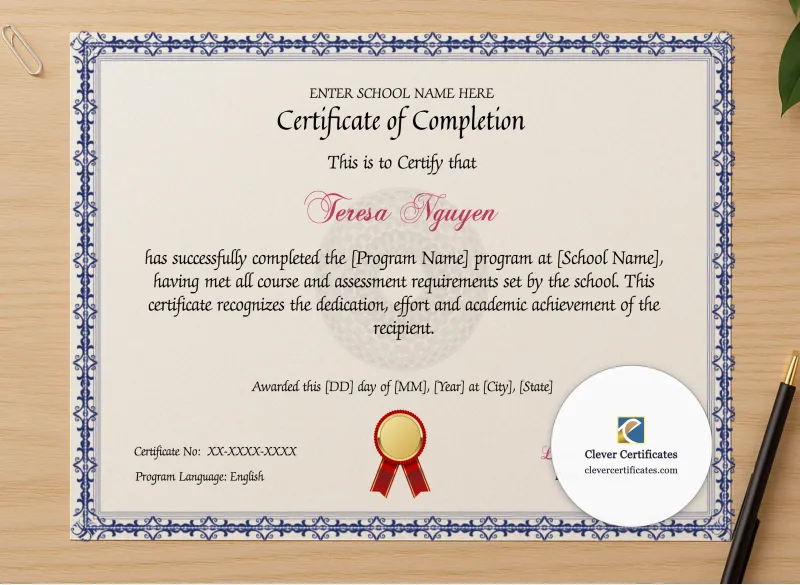 Professional preview of Program Completion Certificate Blue Filigree Guilloche Landscape certificate on high-quality stationery paper, ideal for showcasing the final look.