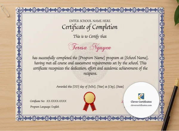 Professional preview of Program Completion Certificate Blue Filigree Guilloche Landscape certificate on high-quality stationery paper, ideal for showcasing the final look.