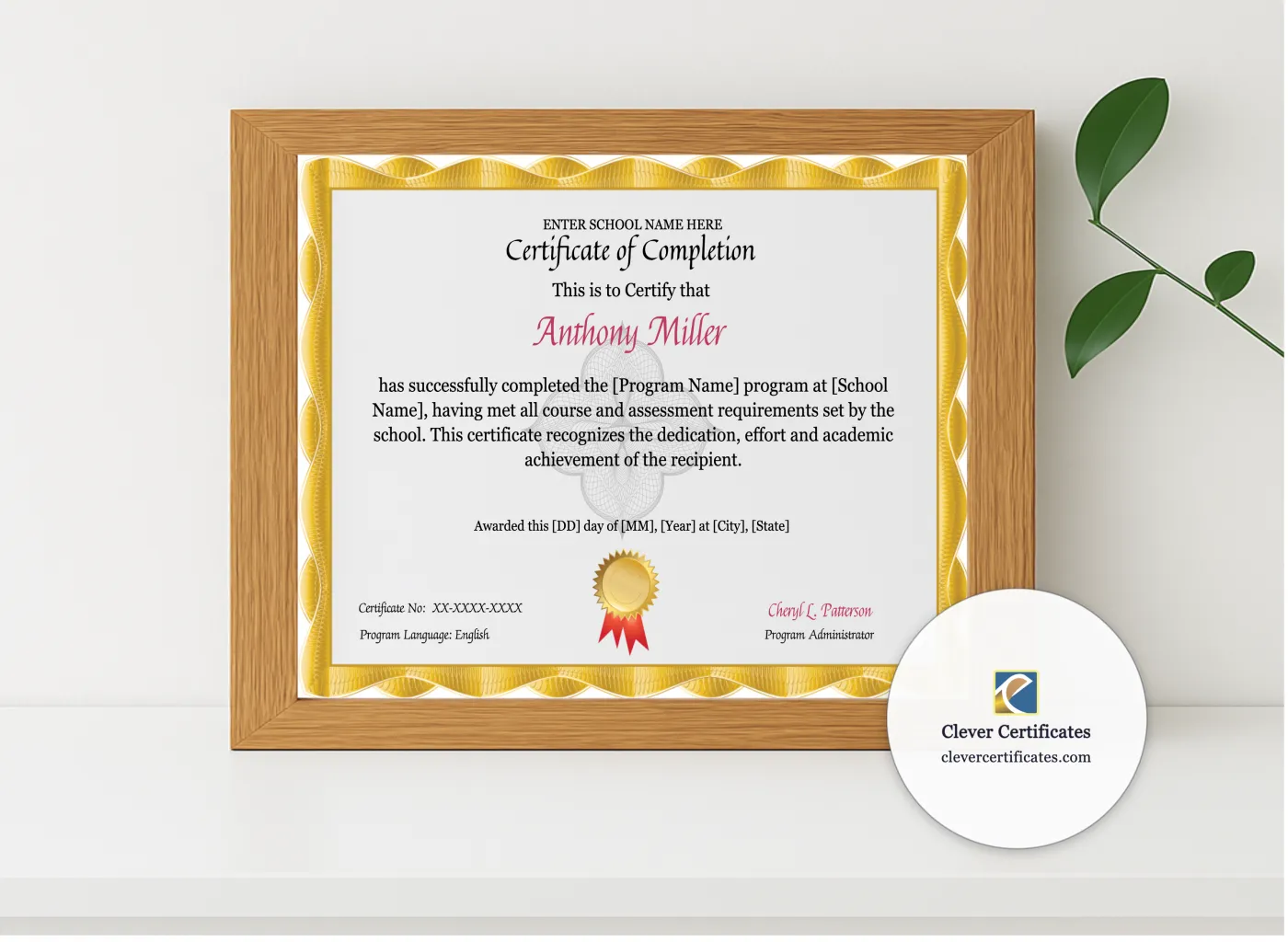 Realistic mockup featuring Program Completion Certificate Gold Curves Guilloche Landscape displayed within a modern frame, set against a minimalistic background.