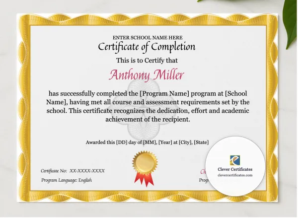 Program Completion Certificate Gold Curves Guilloche Landscape presented in a sleek wooden frame, elegantly arranged on a stylish table.