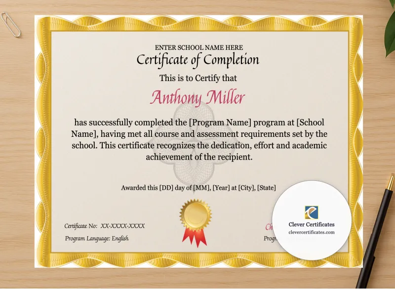 Professional preview of Program Completion Certificate Gold Curves Guilloche Landscape certificate on high-quality stationery paper, ideal for showcasing the final look.