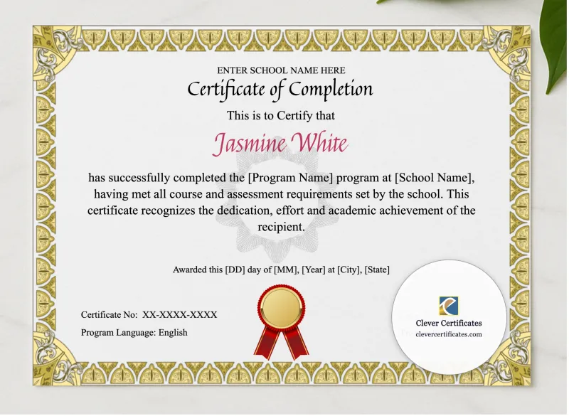Program Completion Certificate Gold Shields Guilloche Landscape presented in a sleek wooden frame, elegantly arranged on a stylish table.