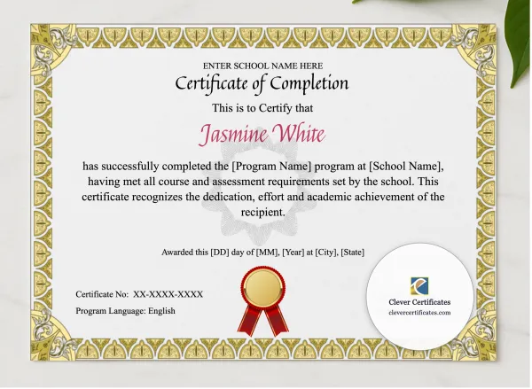 Program Completion Certificate Gold Shields Guilloche Landscape presented in a sleek wooden frame, elegantly arranged on a stylish table.