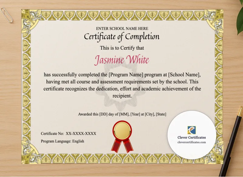 Professional preview of Program Completion Certificate Gold Shields Guilloche Landscape certificate on high-quality stationery paper, ideal for showcasing the final look.