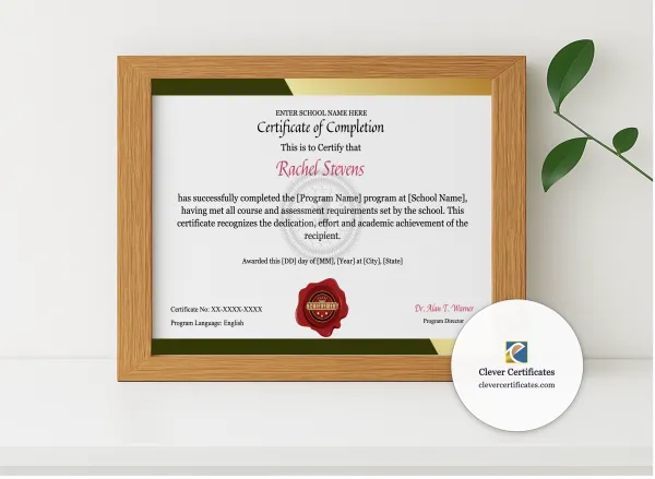 Realistic mockup featuring Program Completion Certificate Modern Gray Gold Landscape displayed within a modern frame, set against a minimalistic background.