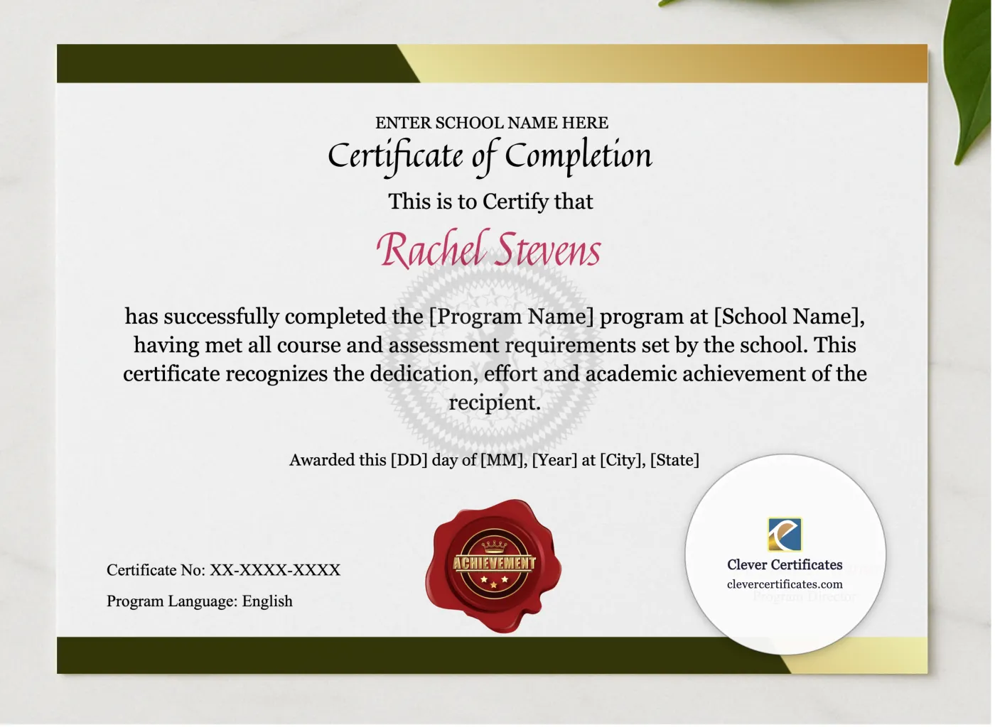 Program Completion Certificate Modern Gray Gold Landscape presented in a sleek wooden frame, elegantly arranged on a stylish table.