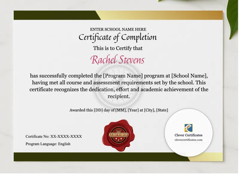 Program Completion Certificate Modern Gray Gold Landscape presented in a sleek wooden frame, elegantly arranged on a stylish table.