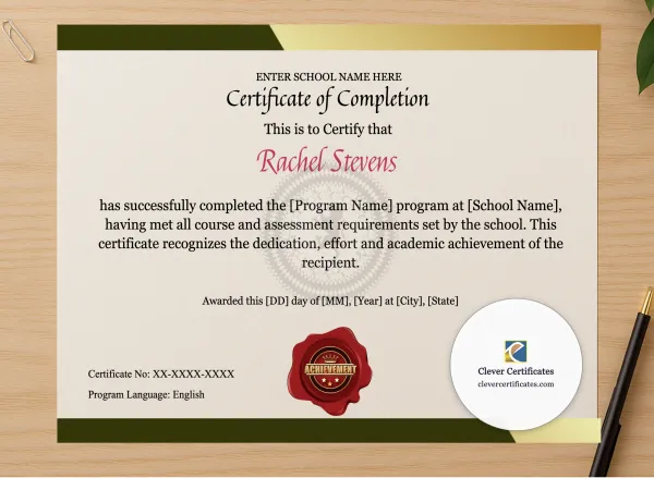Professional preview of Program Completion Certificate Modern Gray Gold Landscape certificate on high-quality stationery paper, ideal for showcasing the final look.