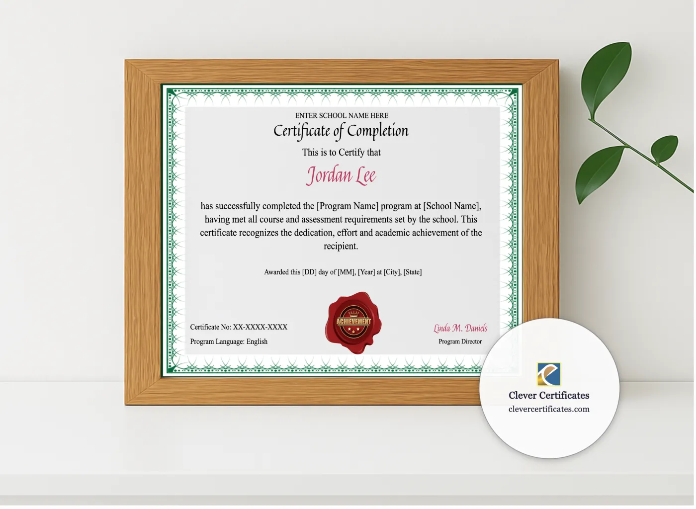 Realistic mockup featuring Program Completion Certificate Green Filigree Landscape displayed within a modern frame, set against a minimalistic background.