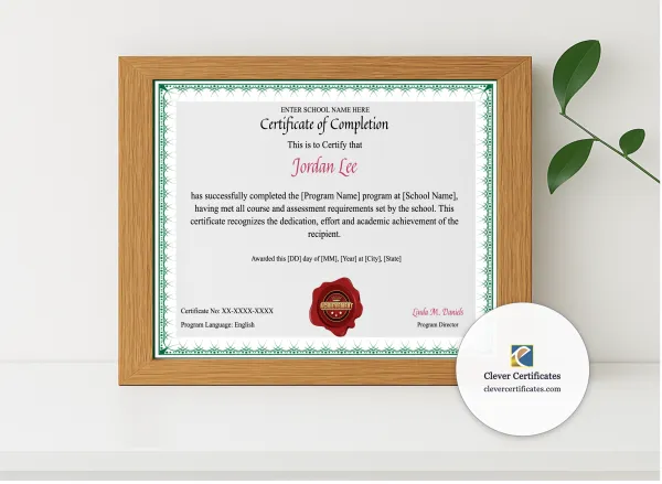 Realistic mockup featuring Program Completion Certificate Green Filigree Landscape displayed within a modern frame, set against a minimalistic background.
