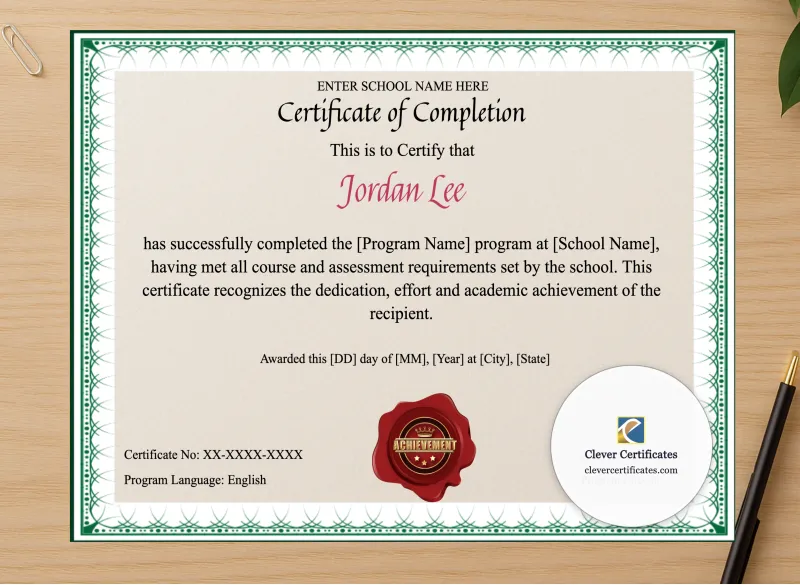 Professional preview of Program Completion Certificate Green Filigree Landscape certificate on high-quality stationery paper, ideal for showcasing the final look.