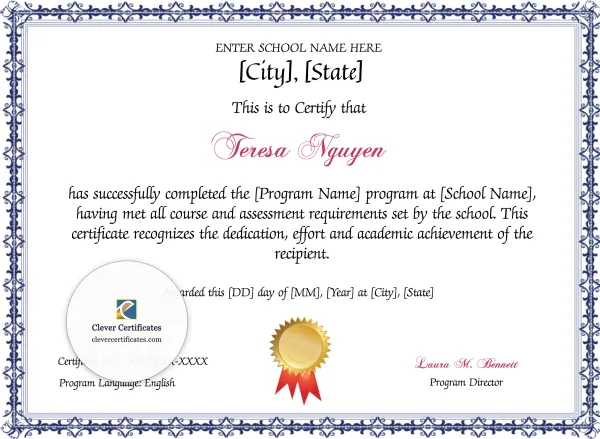 Program Completion Certificate – Blue Filigree Ribbon Seal Landscape