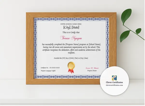 Realistic mockup featuring Program Completion Certificate Blue Filigree Ribbon Seal Landscape displayed within a modern frame, set against a minimalistic background.
