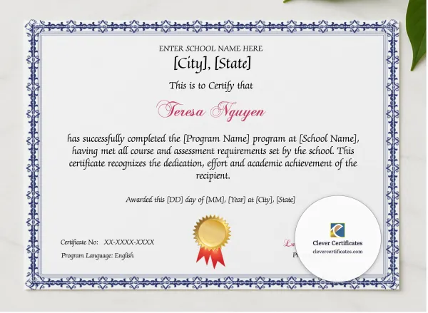 Program Completion Certificate Blue Filigree Ribbon Seal Landscape presented in a sleek wooden frame, elegantly arranged on a stylish table.