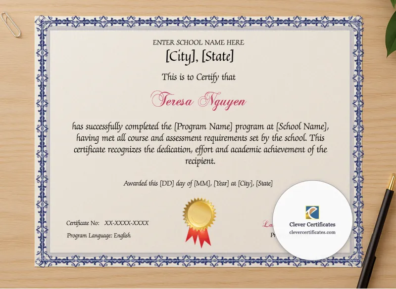 Professional preview of Program Completion Certificate Blue Filigree Ribbon Seal Landscape certificate on high-quality stationery paper, ideal for showcasing the final look.
