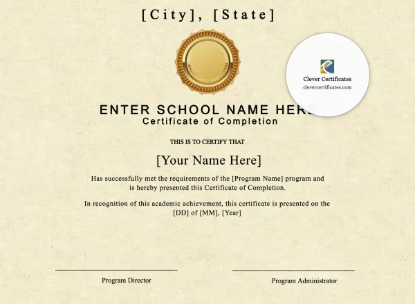 Program Completion Certificate – Typewriter Gold Seal Landscape