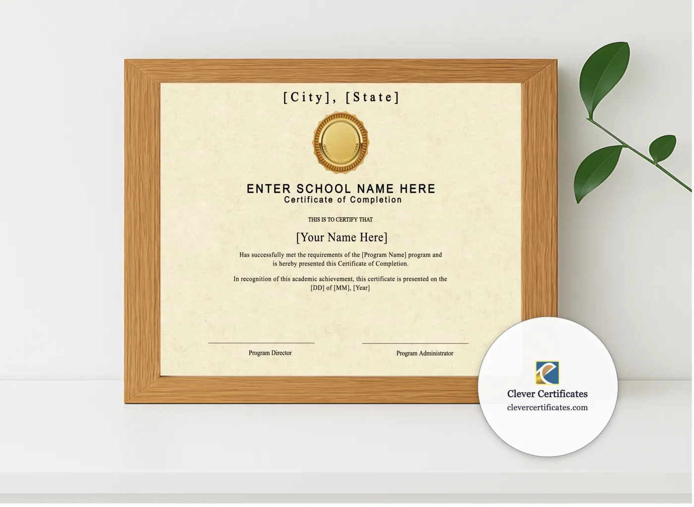 Realistic mockup featuring Program Completion Certificate Typewriter Gold Seal Landscape displayed within a modern frame, set against a minimalistic background.