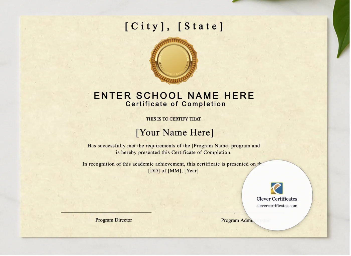 Program Completion Certificate Typewriter Gold Seal Landscape presented in a sleek wooden frame, elegantly arranged on a stylish table.