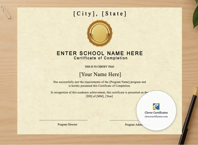 Professional preview of Program Completion Certificate Typewriter Gold Seal Landscape certificate on high-quality stationery paper, ideal for showcasing the final look.