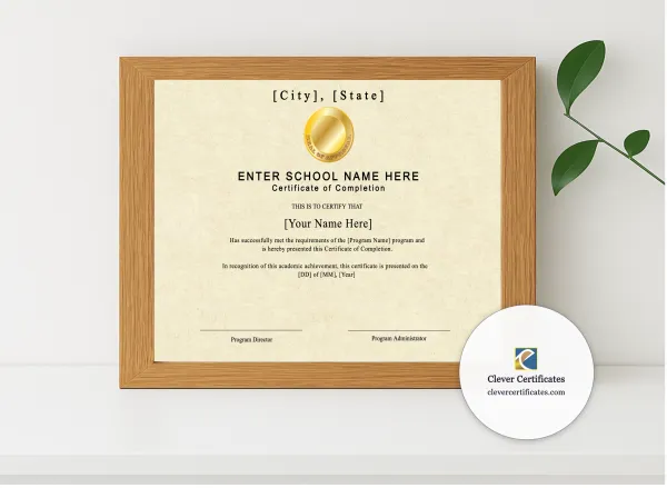 Realistic mockup featuring Program Completion Certificate Typewriter Gold Medal Landscape displayed within a modern frame, set against a minimalistic background.
