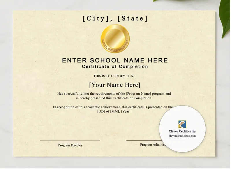 Program Completion Certificate Typewriter Gold Medal Landscape presented in a sleek wooden frame, elegantly arranged on a stylish table.