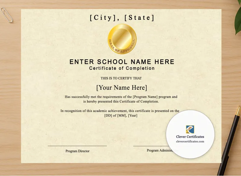 Professional preview of Program Completion Certificate Typewriter Gold Medal Landscape certificate on high-quality stationery paper, ideal for showcasing the final look.