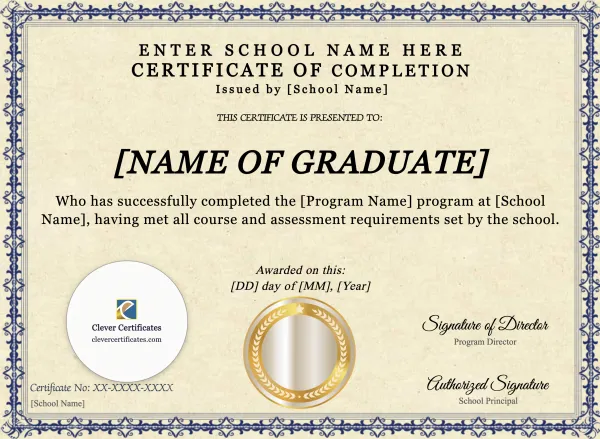 Program Completion Certificate – Blue Filigree Simple Landscape