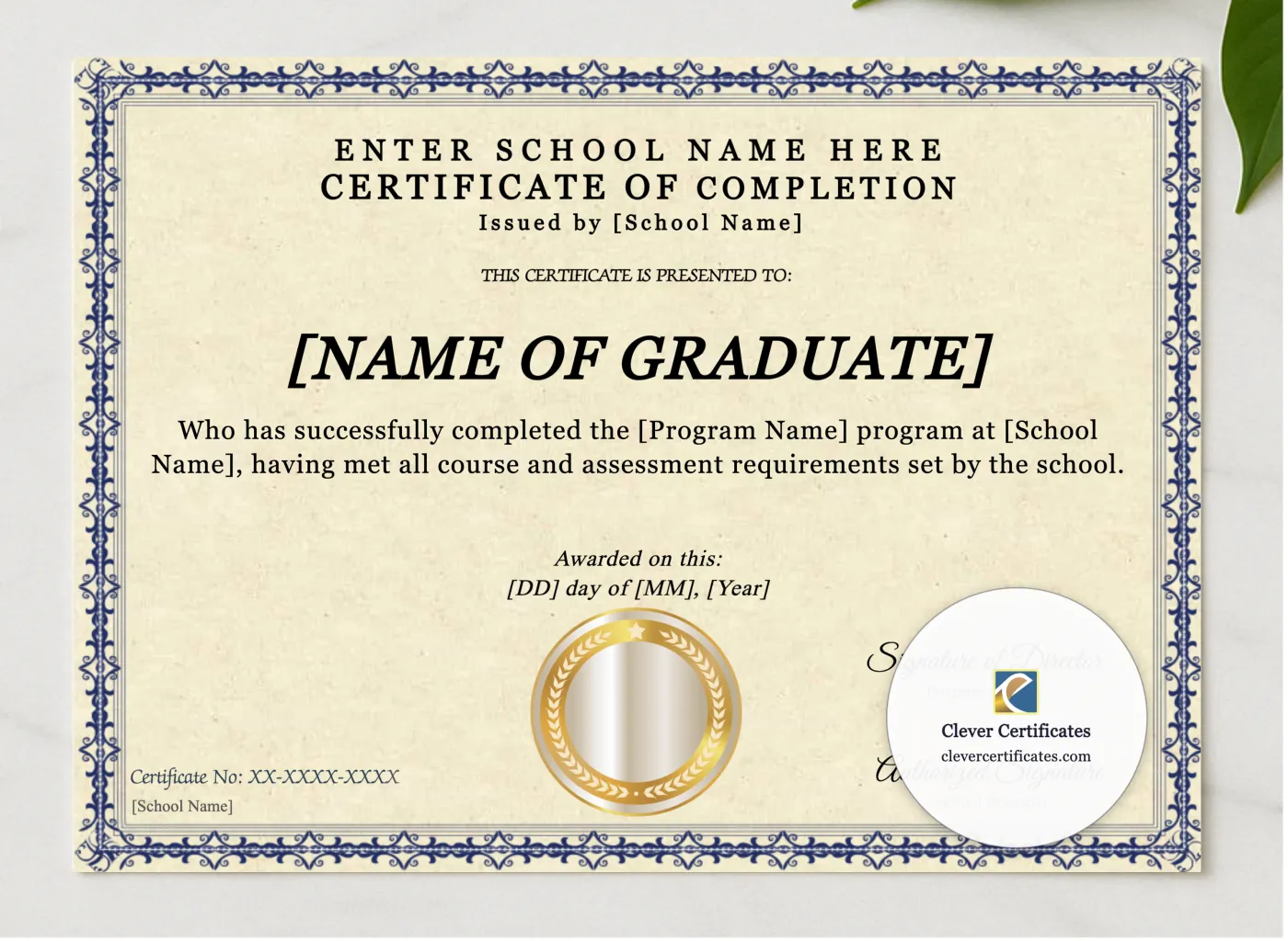 Program Completion Certificate Blue Filigree Simple Landscape presented in a sleek wooden frame, elegantly arranged on a stylish table.