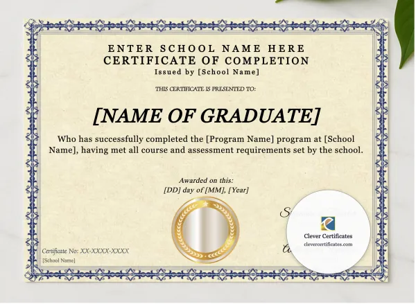 Program Completion Certificate Blue Filigree Simple Landscape presented in a sleek wooden frame, elegantly arranged on a stylish table.