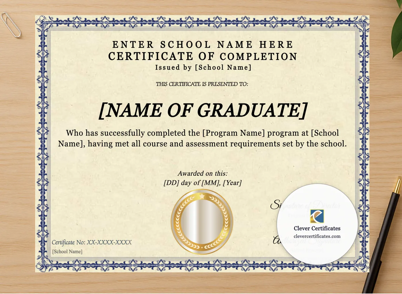 Professional preview of Program Completion Certificate Blue Filigree Simple Landscape certificate on high-quality stationery paper, ideal for showcasing the final look.