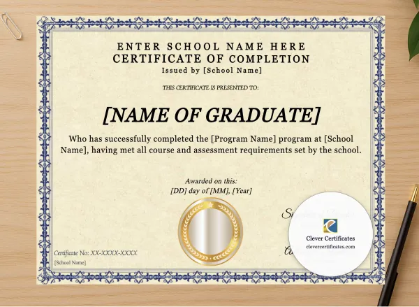 Professional preview of Program Completion Certificate Blue Filigree Simple Landscape certificate on high-quality stationery paper, ideal for showcasing the final look.