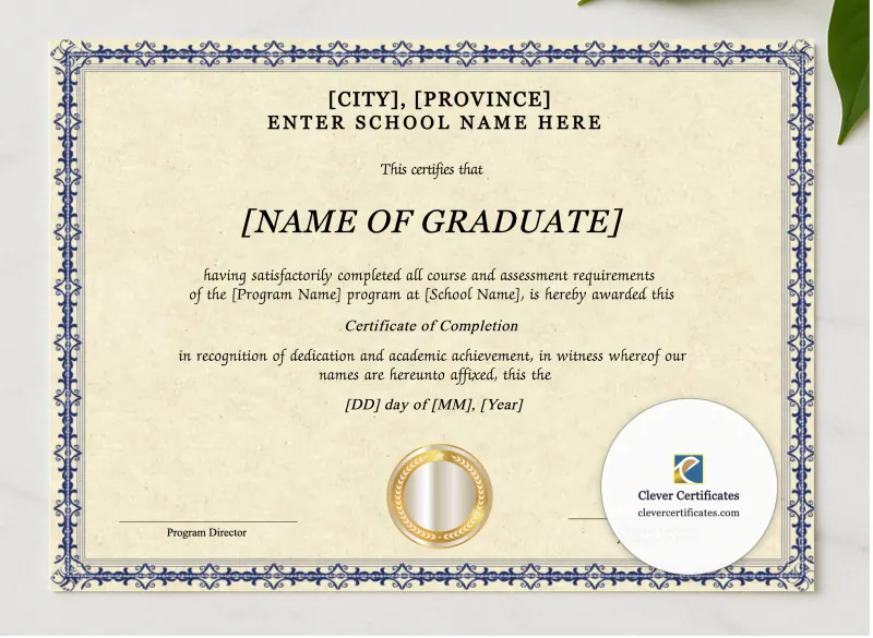 Program Completion Certificate Blue Filigree Elegant Landscape presented in a sleek wooden frame, elegantly arranged on a stylish table.
