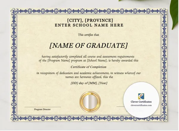 Program Completion Certificate Blue Filigree Elegant Landscape presented in a sleek wooden frame, elegantly arranged on a stylish table.