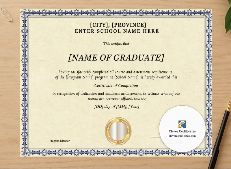 Professional preview of Program Completion Certificate Blue Filigree Elegant Landscape certificate on high-quality stationery paper, ideal for showcasing the final look.