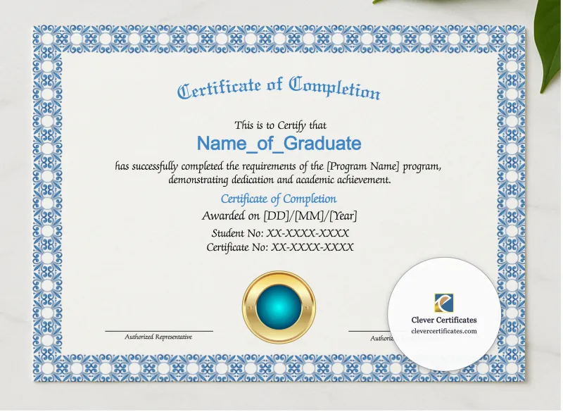 Program Completion Certificate Blue Squares Aqua Seal Landscape presented in a sleek wooden frame, elegantly arranged on a stylish table.