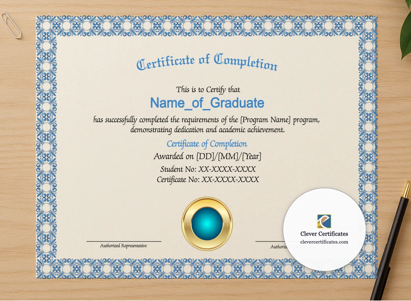 Professional preview of Program Completion Certificate Blue Squares Aqua Seal Landscape certificate on high-quality stationery paper, ideal for showcasing the final look.