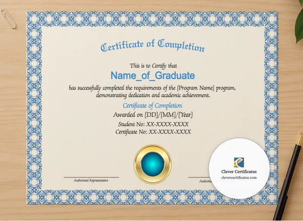 Professional preview of Program Completion Certificate Blue Squares Aqua Seal Landscape certificate on high-quality stationery paper, ideal for showcasing the final look.