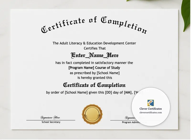 Program Completion Certificate Old English Modern Landscape presented in a sleek wooden frame, elegantly arranged on a stylish table.
