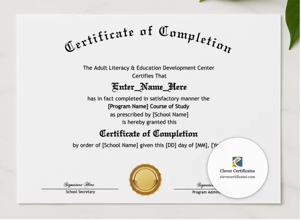 Program Completion Certificate Old English Modern Landscape presented in a sleek wooden frame, elegantly arranged on a stylish table.