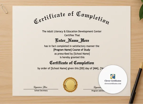 Professional preview of Program Completion Certificate Old English Modern Landscape certificate on high-quality stationery paper, ideal for showcasing the final look.