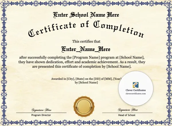 Program Completion Certificate – Old English Blue Frame Landscape