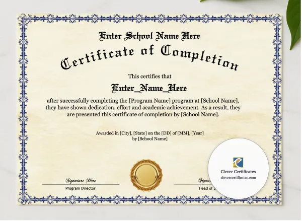 Program Completion Certificate Old English Blue Frame Landscape presented in a sleek wooden frame, elegantly arranged on a stylish table.
