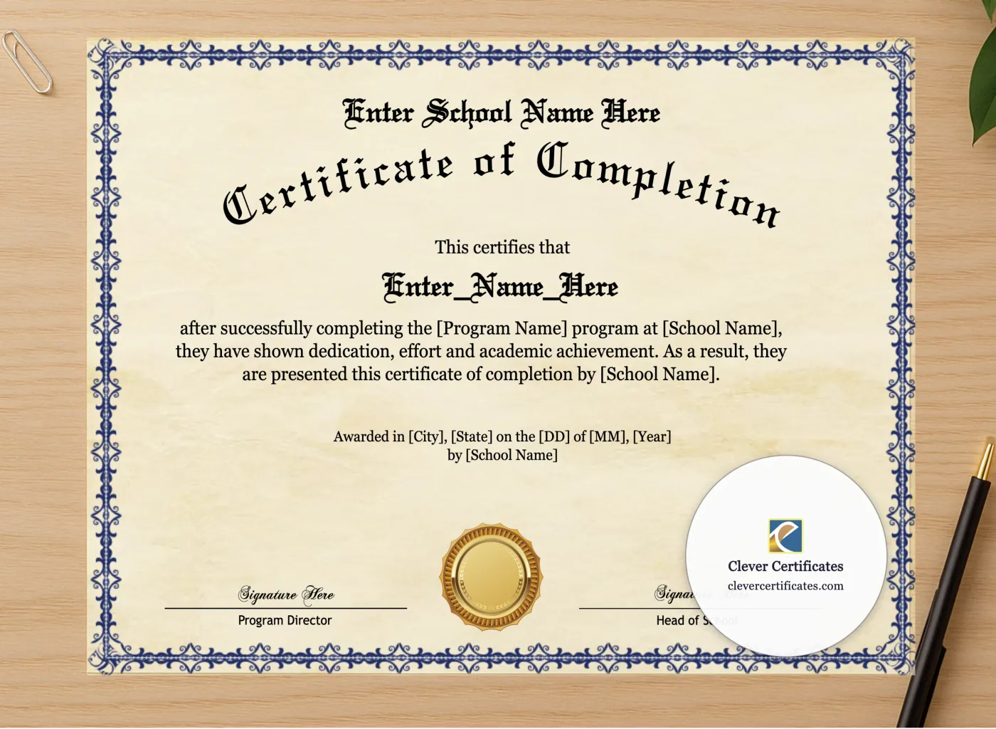Professional preview of Program Completion Certificate Old English Blue Frame Landscape certificate on high-quality stationery paper, ideal for showcasing the final look.